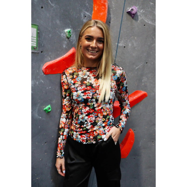 Mesh bluse - Black orange flower