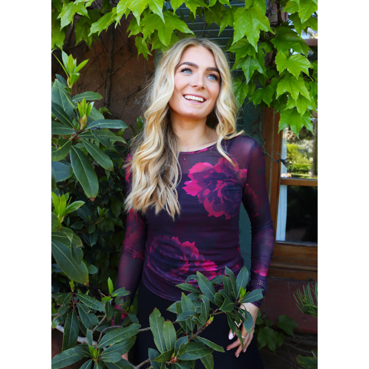Mesh bluse - Black bordeaux flower
